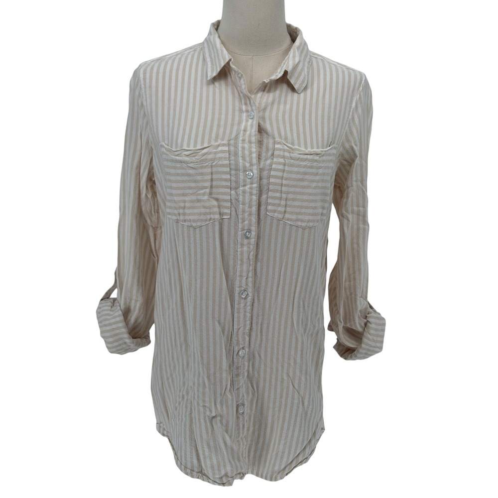 Japna Button‎ Up Shirt Tan White Striped Roll Tab 100% Cotton Medium